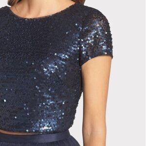ADRIANNA PAPELL navy blue full sequin cap sleeve crop top scoop back size 8